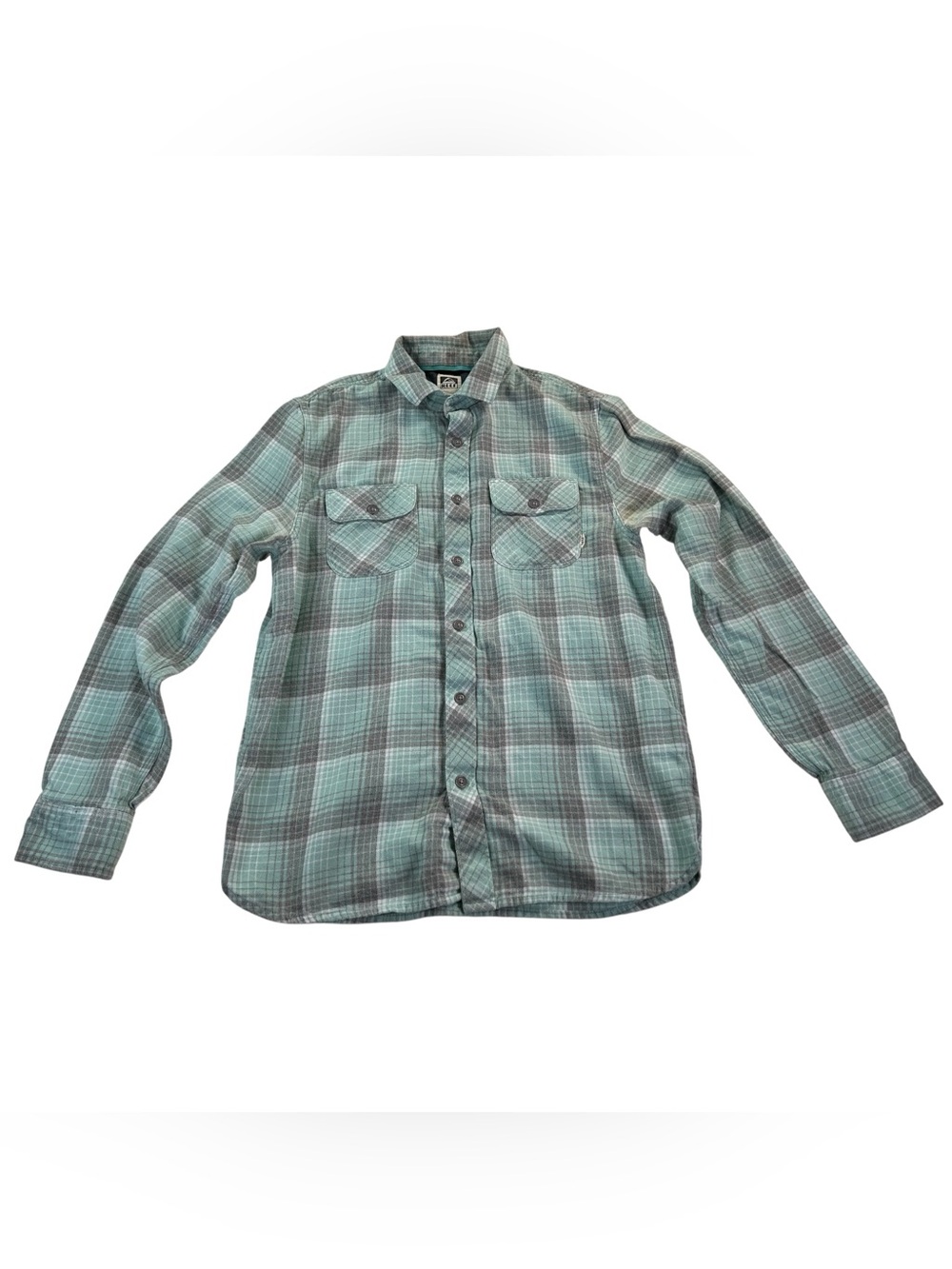 REEF Men’s S Plaid Flannel Shirt Seafoam Gray Cotton Button Up Surfer Grunge